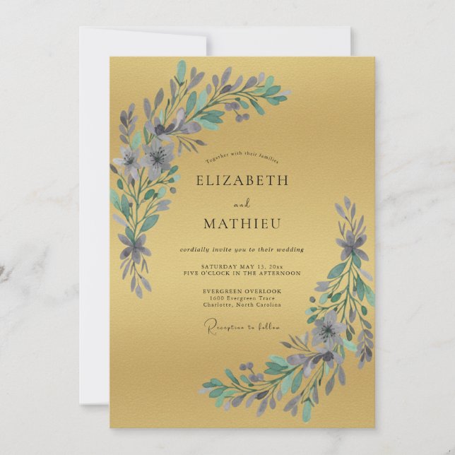 Invitación Boda con hojas de vincapervinca dorada (Anverso)