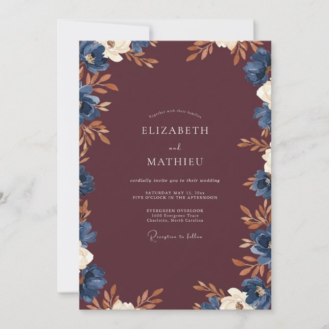 Invitación Boda con Hojas de Vino Índigo (Anverso)