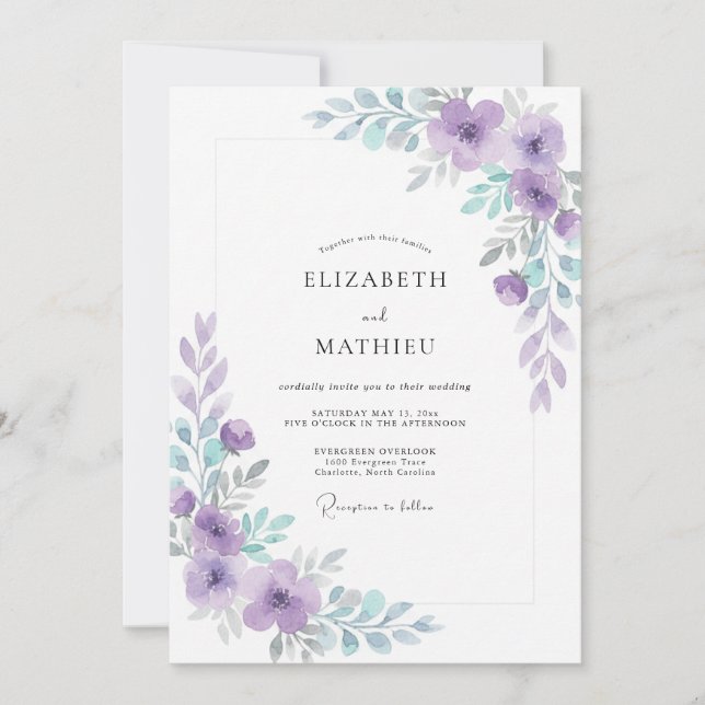 Invitación Boda con Hojas de Violeta Caracol Moderno (Anverso)
