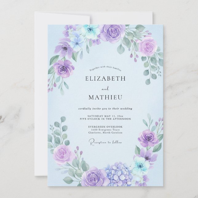 Invitación Boda con Hojas de Violeta Lila (Anverso)