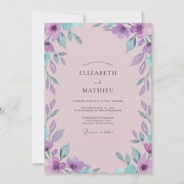Invitación Boda con Hojas de Violeta Malva (Anverso)