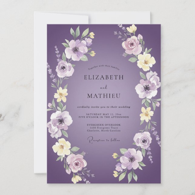 Invitación Boda con Hojas de Violeta y Ciruela Pradera (Anverso)