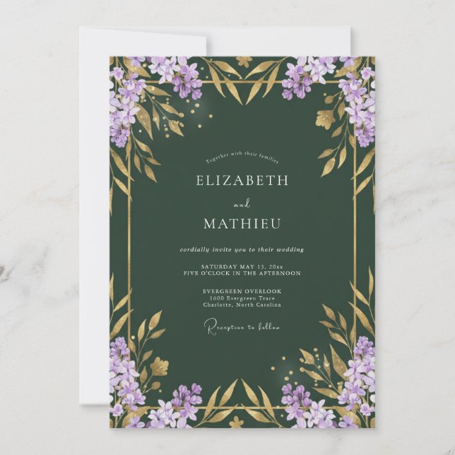Invitación Boda con Hojas Doradas Lila (Anverso)