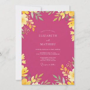 Invitación Boda con Hojas Doradas Magenta