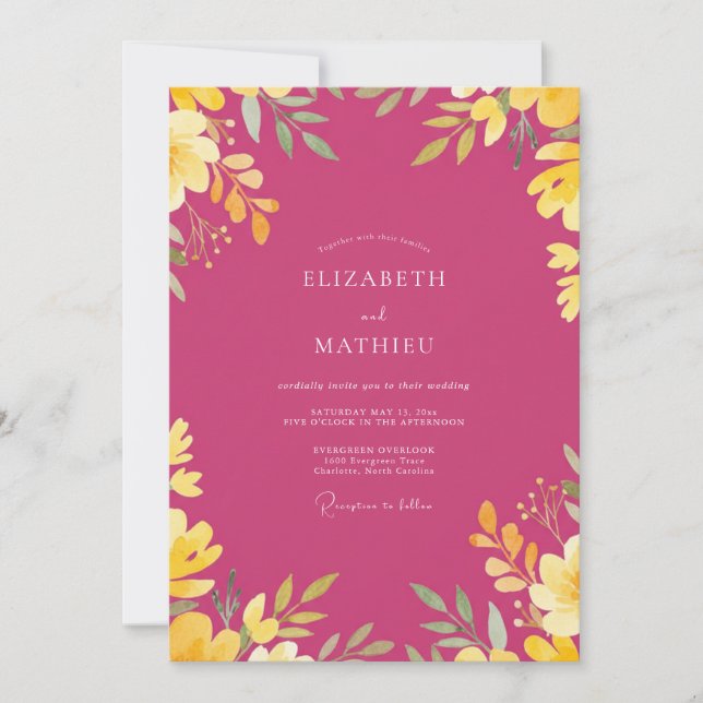 Invitación Boda con Hojas Doradas Magenta (Anverso)