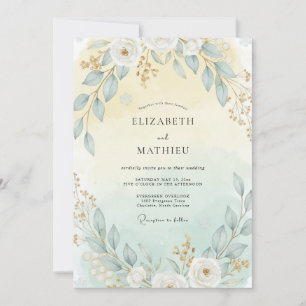 Invitación Boda con hojas doradas y aqua cálido