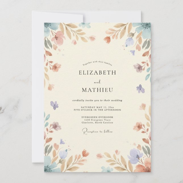 Invitación Boda con hojas doradas y pervinca (Anverso)