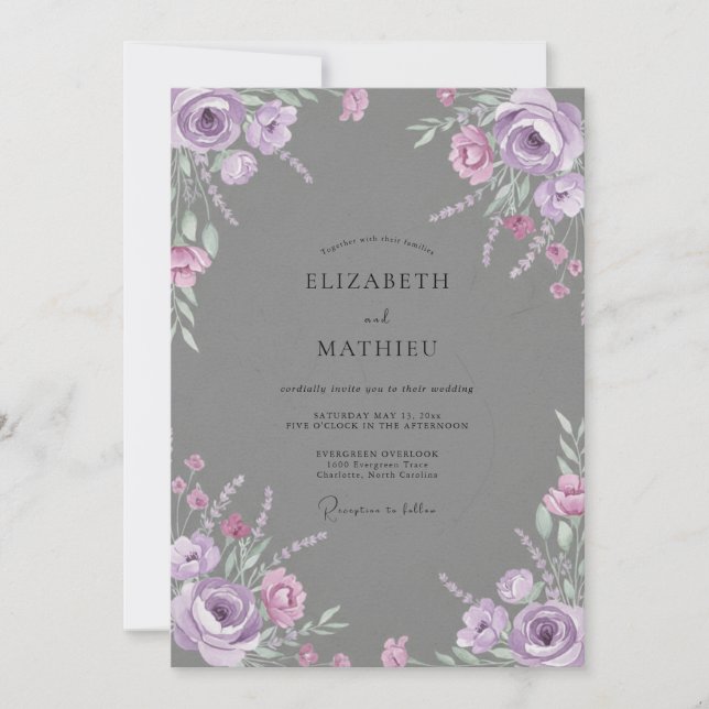 Invitación Boda con Hojas Gris Lila (Anverso)