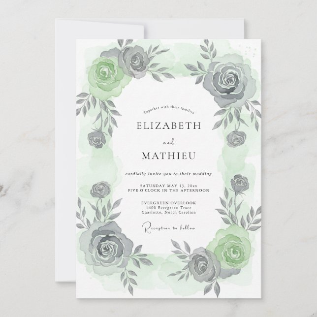 Invitación Boda con hojas grises plateadas (Anverso)