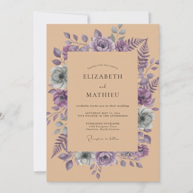 Invitación Boda con Hojas Marrones y Lavanda (Anverso)