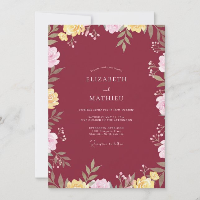 Invitación Boda con Hojas Pintadas de Granate (Anverso)