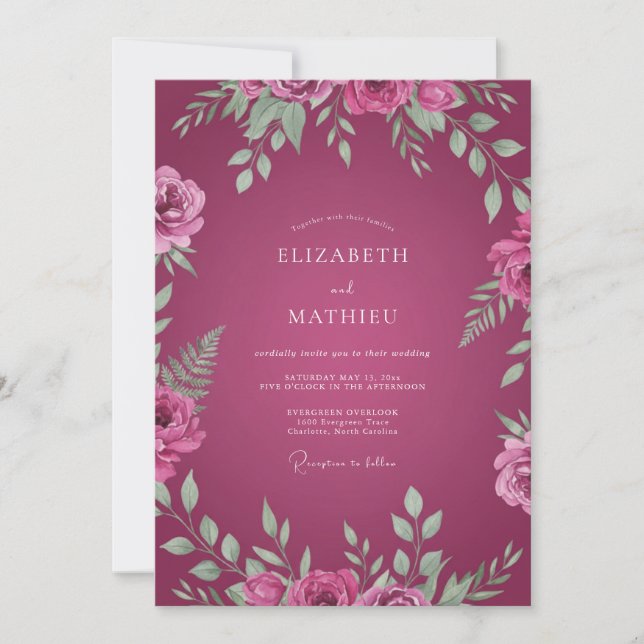 Invitación Boda con Hojas Pintadas de Magenta (Anverso)