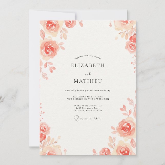 Invitación Boda con Hojas Pintadas de Melocotón (Anverso)
