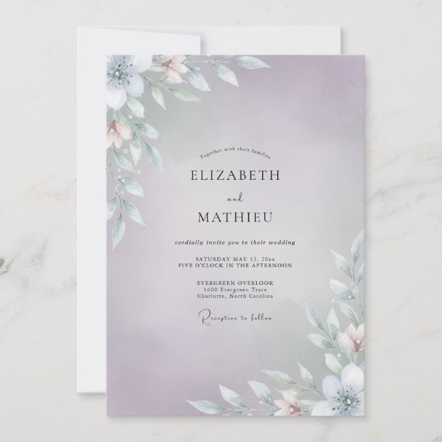 Invitación Boda con Hojas Plateadas de Periwinkle (Anverso)