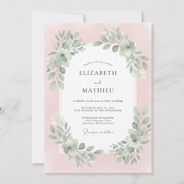 Invitación Boda con Hojas Polvorientas Rosa Pastel (Anverso)