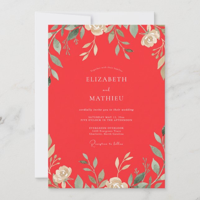 Invitación Boda con Hojas Rojas de Amapola (Anverso)