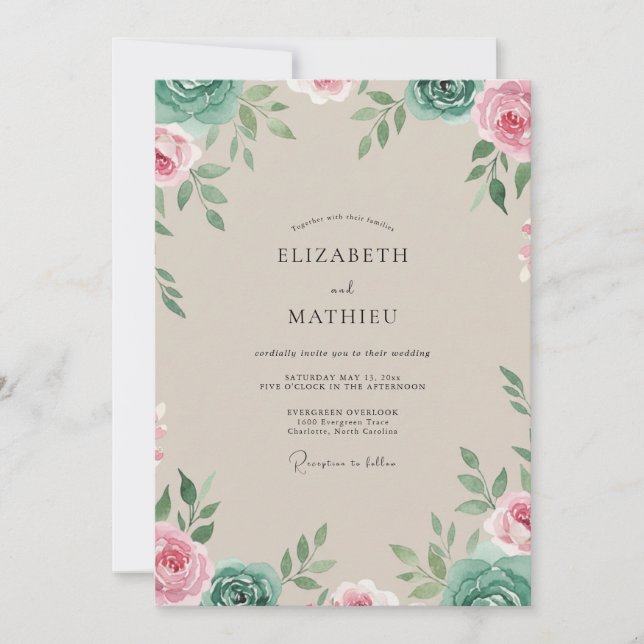 Invitación Boda con Hojas Rosadas de Champán (Anverso)