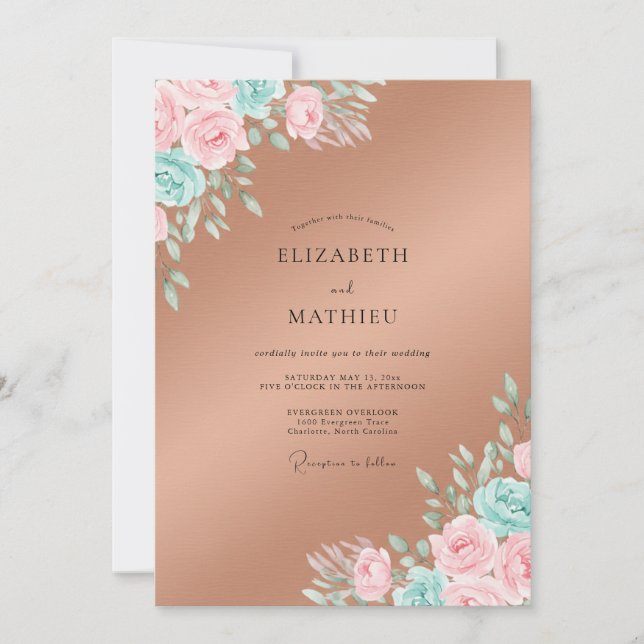 Invitación Boda con Hojas Rosadas de Cobre (Anverso)