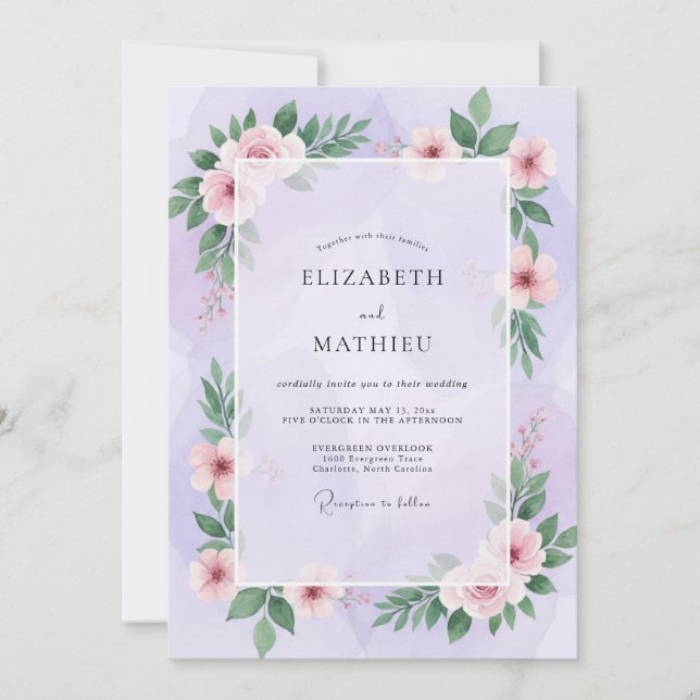 Invitación Boda con Hojas Rosadas de Lavanda (Anverso)