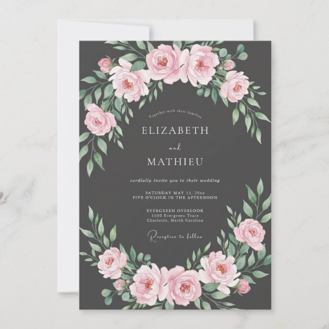 Invitación Boda con Hojas Rosadas y Carbón (Anverso)