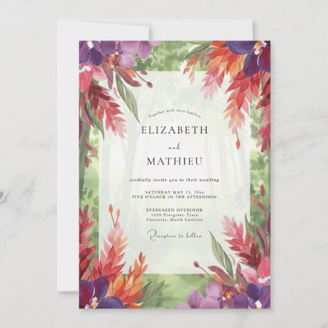 Invitación Boda con hojas tropicales vibrantes (Anverso)