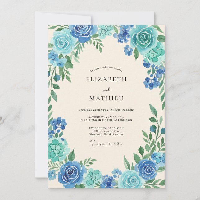 Invitación Boda con hojas turquesa acuáticas (Anverso)