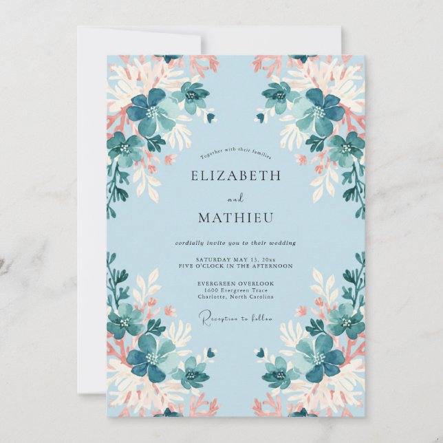 Invitación Boda con Hojas Verde Azuladas Azure (Anverso)