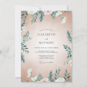 Invitación Boda con Hojas Verdes Azul Verdoso y Albaricoque
