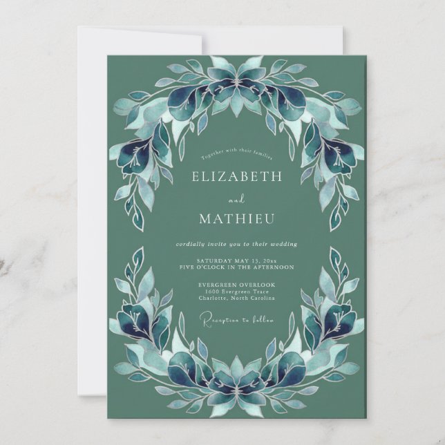 Invitación Boda con Hojas Verdes Azuladas (Anverso)