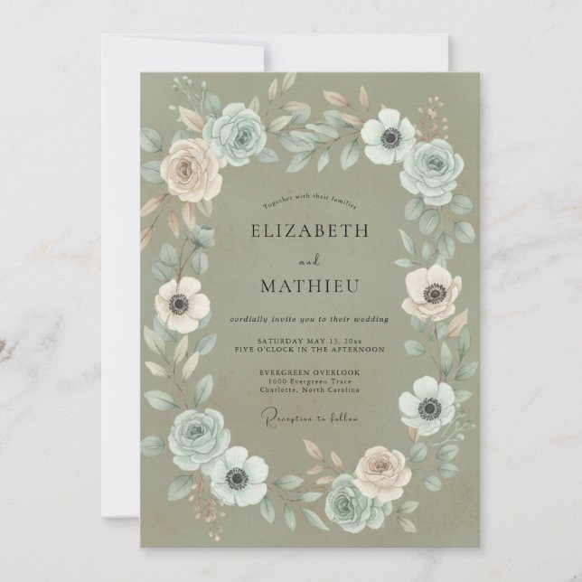 Invitación Boda con Hojas Verdes de Teal Musgo (Anverso)