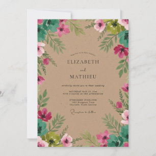Invitación Boda con Hojas Verdes Rosadas