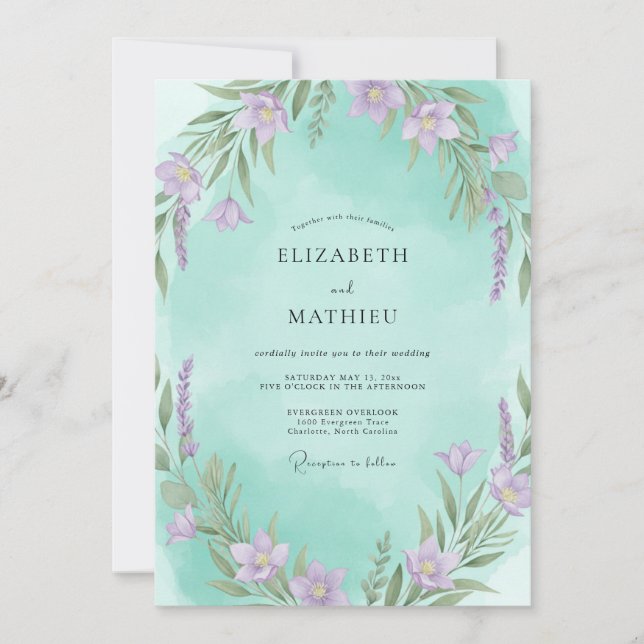 Invitación Boda con hojas violetas acuáticas (Anverso)