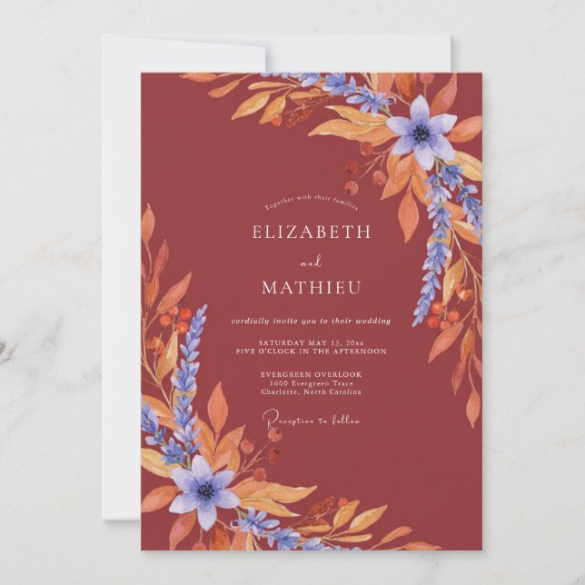 Invitación Boda con hojas violetas de terracota (Anverso)