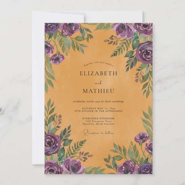 Invitación Boda con hojas violetas ocres (Anverso)