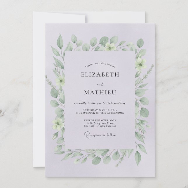 Invitación Boda con Hojas Violetas Pálidas (Anverso)