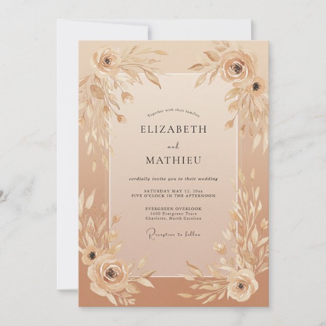 Invitación Boda con Hojas y Champán Rosado (Anverso)