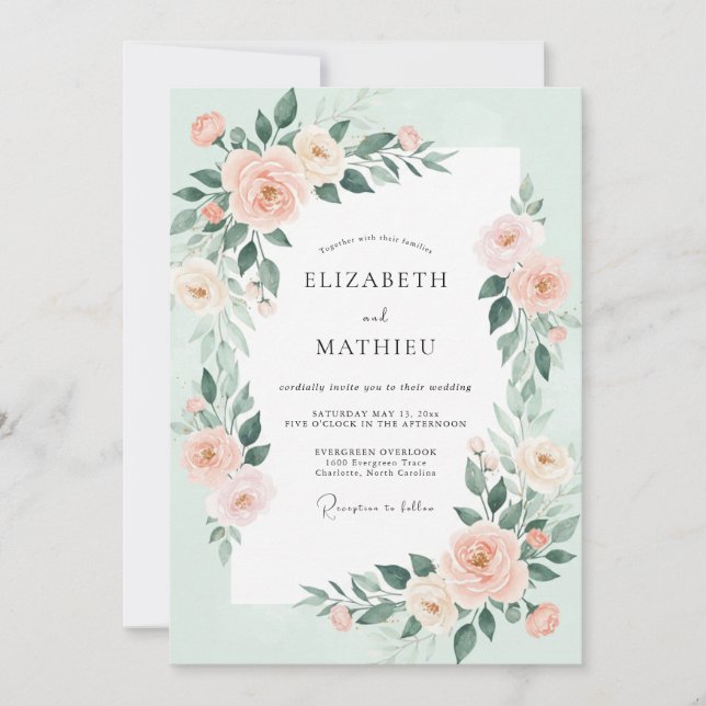 Invitación Boda con Hojas y Melocotón Espuma de Mar (Anverso)