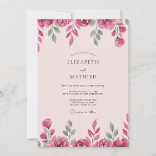 Invitación Boda con Hojas y Rosa Magenta