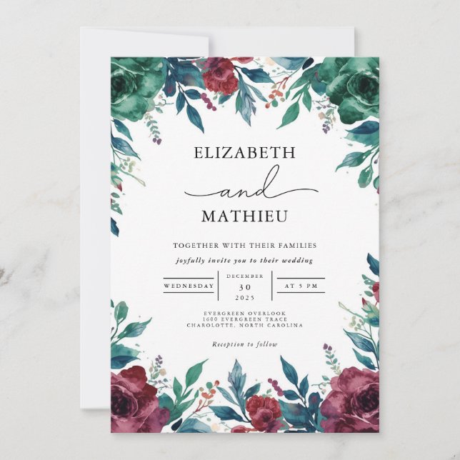 Invitación Boda con hongos florales profundos (Anverso)