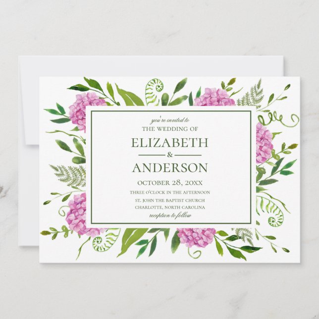 Invitación Boda con Hortensias Rosadas (Anverso)