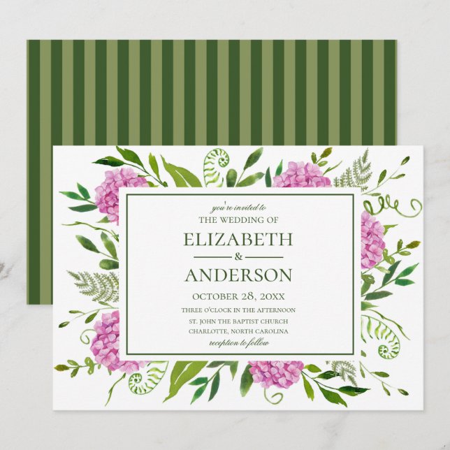 Invitación Boda con Hortensias Rosadas (Anverso / Reverso)