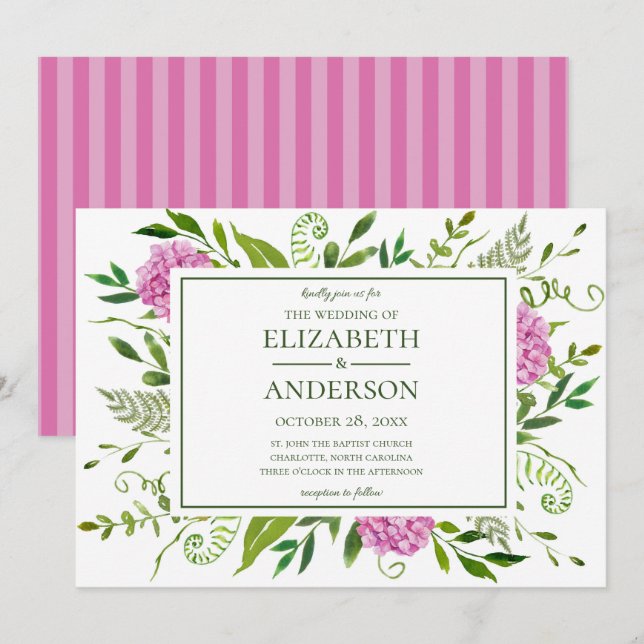 Invitación Boda con Hortensias Rosadas (Anverso / Reverso)