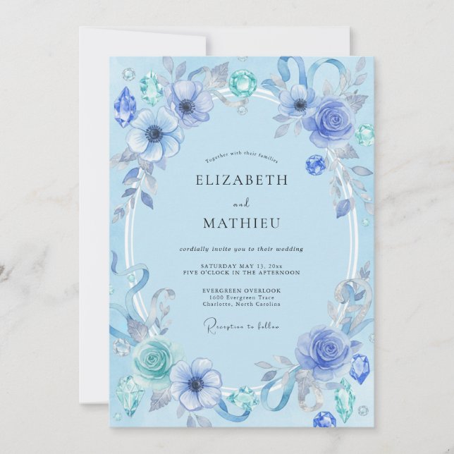 Invitación Boda con joyas de acuarela azur (Anverso)