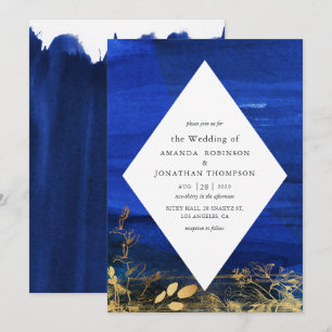 Invitación Boda con lavado de acuarela azul marino y blanco