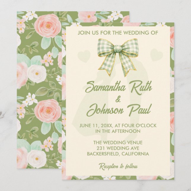 Invitación Boda con Lazo de Gingham Verde Flor Silvestre (Anverso / Reverso)