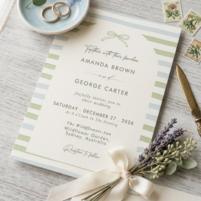 Invitación Boda con lazo de rayas verde salvia (Subido por el creador)