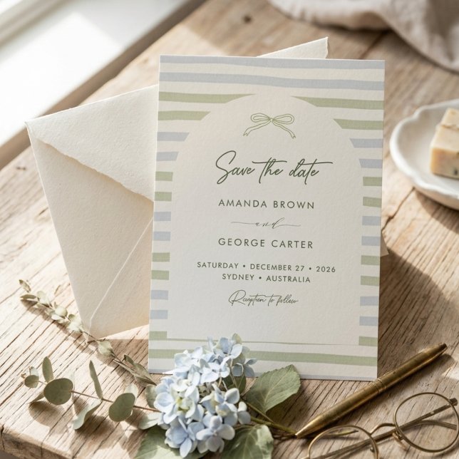 Invitación Boda con lazo de rayas verde salvia (Subido por el creador)