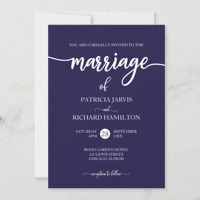 Invitación Boda con letra elegante azul marino (Anverso)