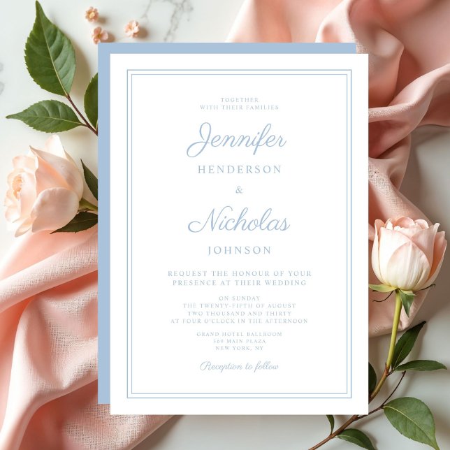 Invitación Boda con letra moderna elegante en azul polvo (Elegant Modern Script Powder Blue Wedding Invitation)