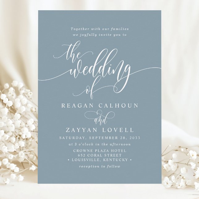 Invitación Boda con letra moderna simple azul polvoriento (Subido por el creador)